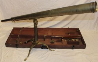 A large 19th century brass telescope by Smith of London with 55" tapered body on folding brass