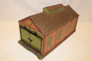 Hornby 0 gauge - a tin-plate double length engine shed with opening doors