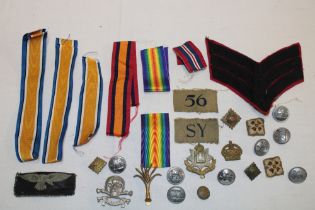 Various military cap badges, "SY/56" Home Guard numeral, medal ribbons etc.