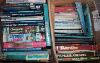 Four boxes of Aviation and War related volumes including Aerial Warfare; Classic RAF Battles;