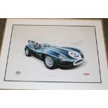 An official Jaguar Heritage Collection limited-edition coloured print of a 1955 Jaguar D-type long