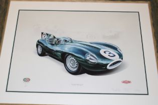 An official Jaguar Heritage Collection limited-edition coloured print of a 1955 Jaguar D-type long