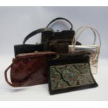 A selection of handbags including crocodile, Indian jewelled bag and a pair of 1970's "Moda" sling-