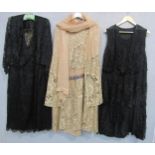 Three examples of 1910's/20's ladies' fashion items to include a beige chiffon and lace ensemble and