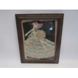 A vintage crinoline lady silk ribbon embroidery, framed and glazed, 21cm x 16cm