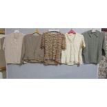 Three mid Century silk blouses, a beige lace top and a green lambswool jumper (5)