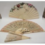 Three late 19th Century bone fans, all hand painted fabric detail, one signed Eudes and with