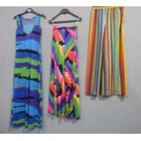 Three 1960's psychedelic style items of clothing, full length dress and two pairs of trousers