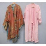 Two early 20th Century silk kimonos, hand embroidered foliate detail, silk has age fading and has