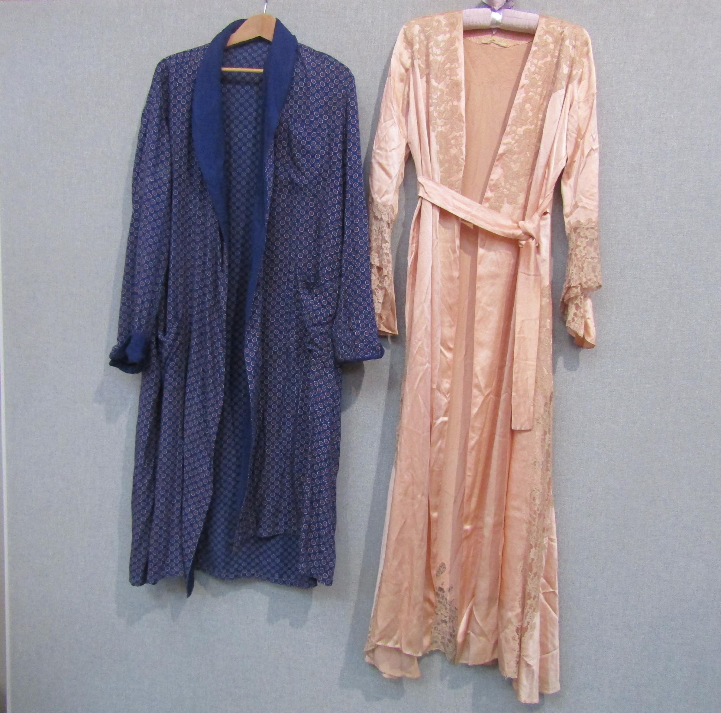 A 1930's/40's peach silk dressing gown with toning lace detail, a/f in some areas to the lace, and a