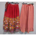 A 1970's Indian linen hand-embroidered skirt with mirrored roundels and drawstring waistband
