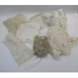 A small quantity of lace lengths, Victorian babies' bonnets, fine cotton and silk hand-embroidered