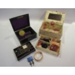 Two jewellery boxes with contents, including plated bangle, brooches etc