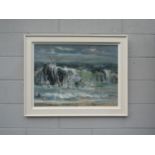 SUZANNE LAWRENCE (Contemporary Norfolk Artist): A framed oil on board, "Crashing Waves", monogram