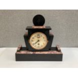 An Art Deco black slate and marble mantel clock with Arabic dial, 32cm tall