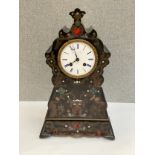 A Mole of Paris mantel clock, fretwork scrolled brass inlay, enamelled Roman dial, some losses, 39cm