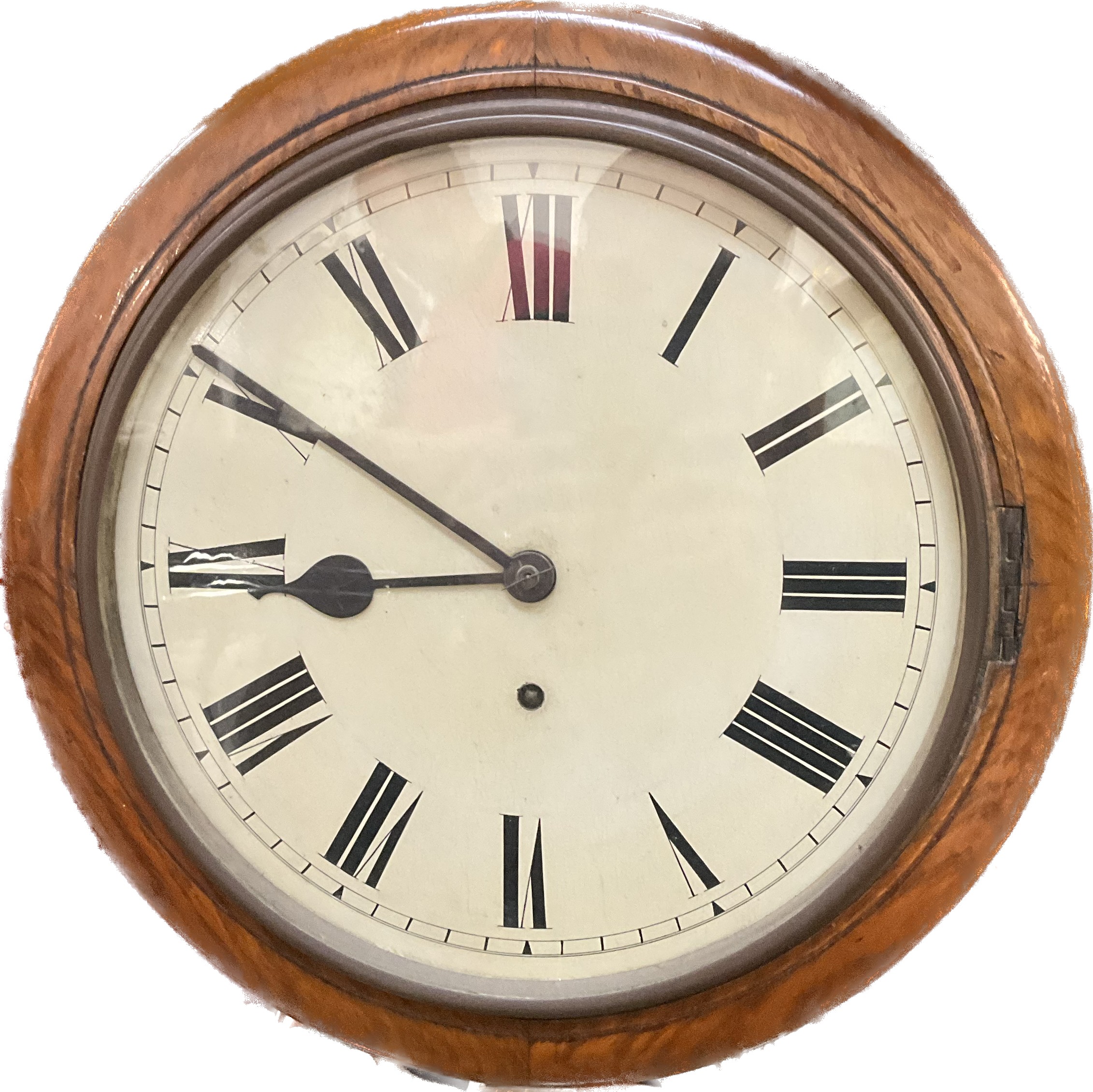 A 20th Century oak cased dial clock with 12'' dial, door missing, with pendulum