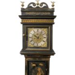 An early 18th Century brass square faced long case clock with chinoiserie case, calendar wheel and