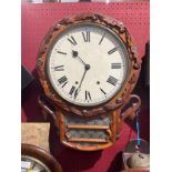 A late 19th Century walnut drop dial wall clock with replacement dial, carved oak leaf walnut