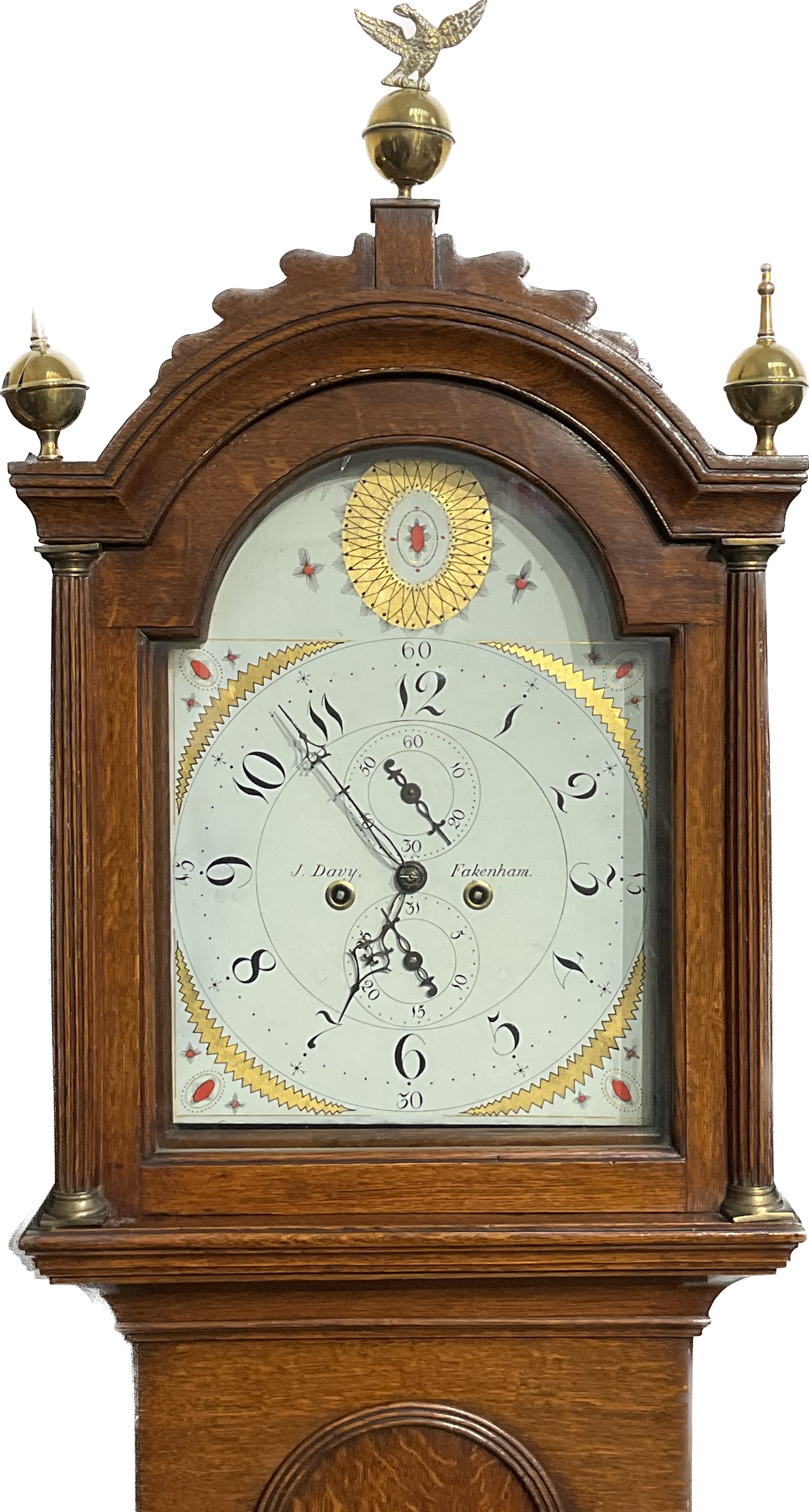 A circa 1800 J. Davy of Fakenham long case clock with subsidiary seconds and calendar dial, in oak