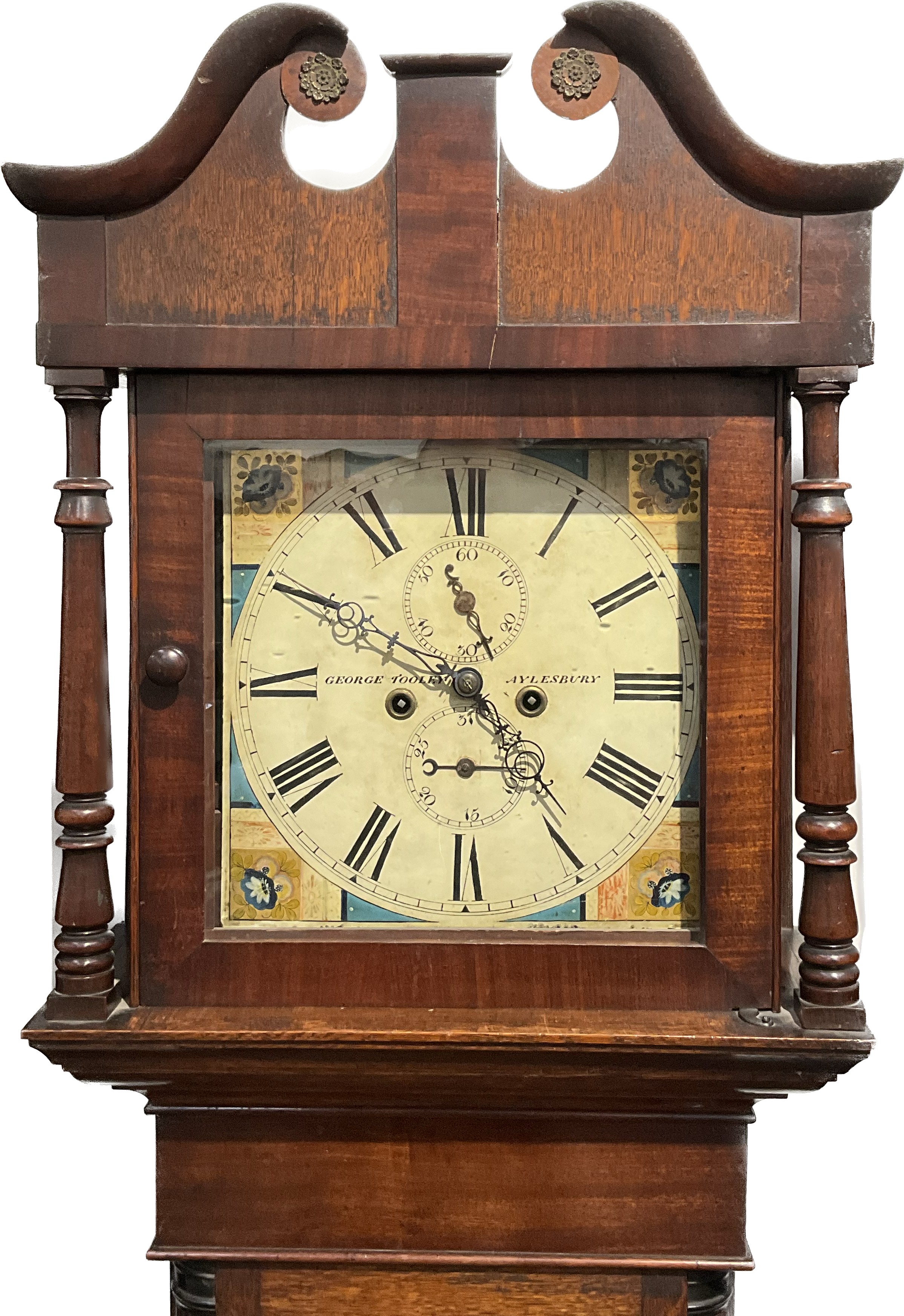 A George Tooley of Aylesbury mahogany cased long case clock, floral painted dial with Roman