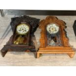 Two American mantel clocks, carved detail, including Ansonia Clock Co., with key and two pendulums