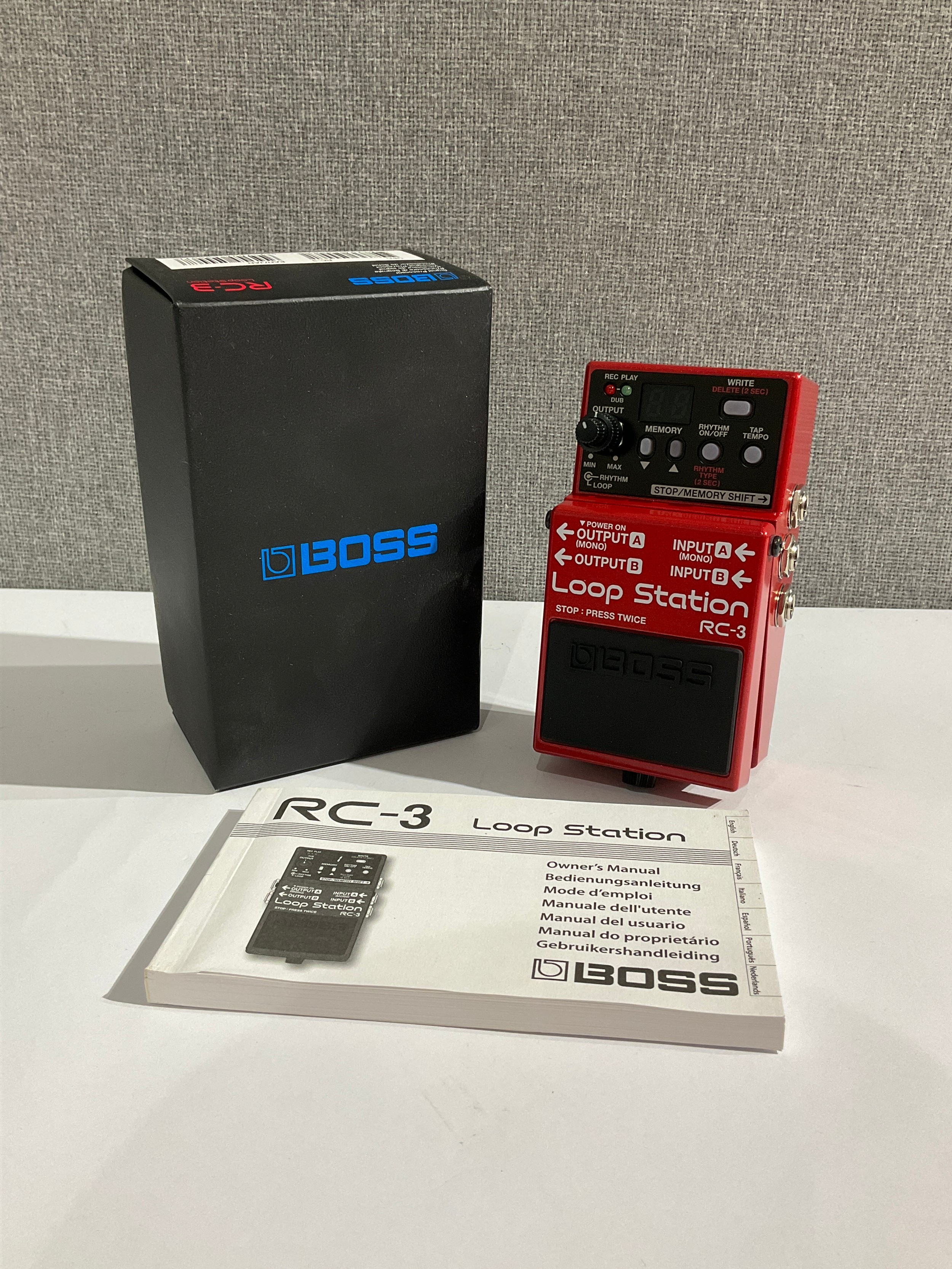 A Boss RC-3 Loop Station guitar effects pedal, boxed