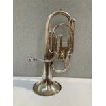 A cased silver plated 3 valve euphonium with lyre music stand for marching band