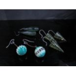 Three pairs of earrings including two pairs of lucite/plastic examples, all green tones