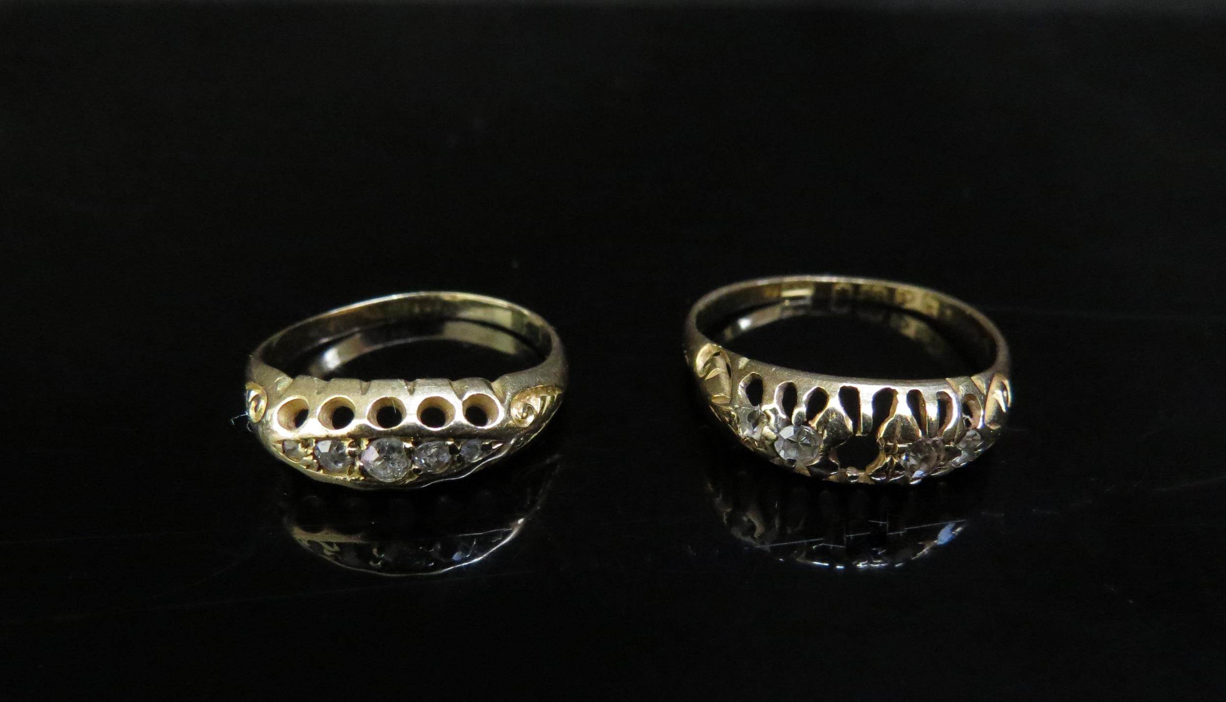 An 18ct gold ring set with diamonds, one stone missing and a similar example, unmarked, 3.8g