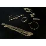 Two 9ct gold chains, teddybear pendant, bar brooch and pendant a/f, 6.8g