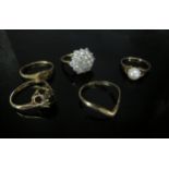 Five 9ct gold rings including sweetheart, wishbone, cluster and pearl examples, total weight 8.8g