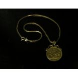 A 1900 Victorian gold sovereign mounted, together with an 9ct gold chain necklace, 38cm long,