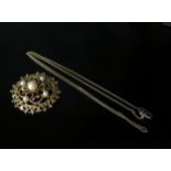 A gold neckchain stamped 585 and a gold and pearl brooch stamped 585, 7.5g
