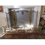 A bed warming pan, brass fire screen, fender and three piece companion set (6)