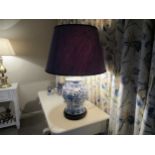 A modern blue and white Oriental ginger jar form table lamp with blue shade, 76cm tall, Collectors