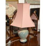 A modern ceramic ginger jar form lamp with floral detail, pink shade, Collectors Electrical Item,