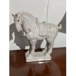 A modern crackle glass effect ceramic Tang horse figure, 31cm x 32cm long