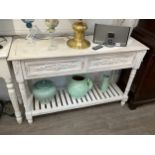 A modern white chabby-chic two drawer side table with slated undertier 78cm x 120cm x 40cm