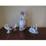Nao Geese figural group, two Lladro Geese and Nao figure of a girl feeding the birds