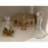An ornate pyramid form scent bottle, Venetian glass scent bottle and miniature glass decanter (3),