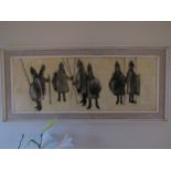 AKERMAN: 20th Century palette knife oil depicting Knights, 36cm x 97cm