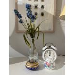 A glass vase with faux flowers, alarm clock, trinket pots (4)