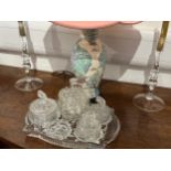 Moulded glass dressing table items and a pair of lustre candlesticks (10)