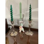 A pair of Regency style plated candlesticks and Meissen style candlestick (3)