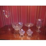 An Edwardian glass comport, trifle bowl and vase, candlestick and two small baskets (6)