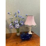 A modern faux floral vase display, blue glass leaf dish and marble lamp with purple shade (3),