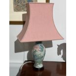 A pair of ceramic floral decorated lamps with pink shades, 57cm tall, Collectors Electrical Item,