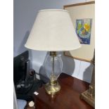 A modern table lamp with etched glass leaf body, brush bronzed base, with shade, 64cm tall,
