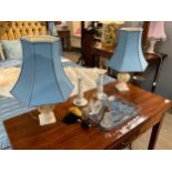 Dressing table items including a pair of blue shaded lamps, candlesticks, atomisers and Deco style